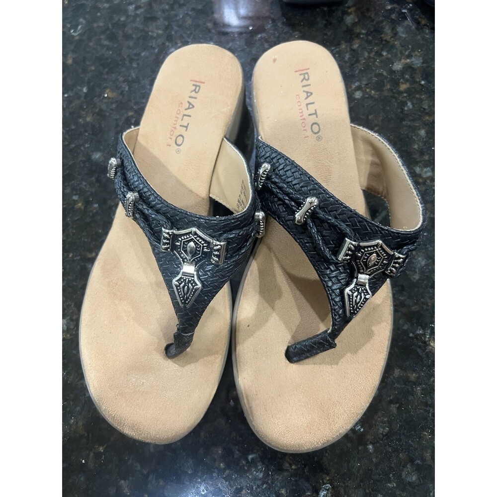 Rialto Bailee Womens 7 Thong Sandals Black Woven C4